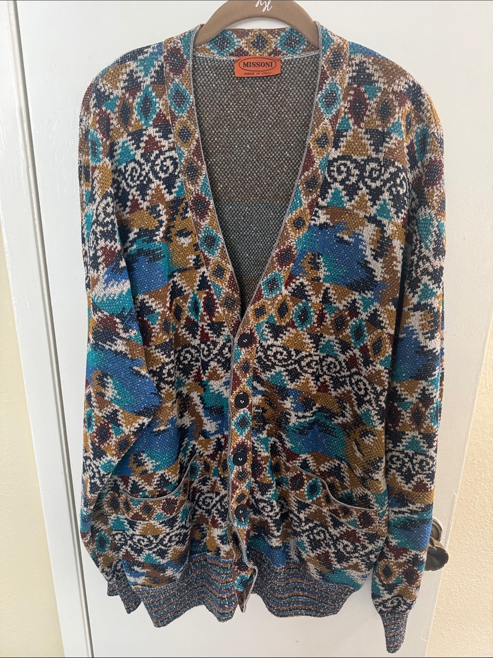 Missoni Multicolor Geometric V-Neck Cardigan — Teal, Brown, Cream, Blue
